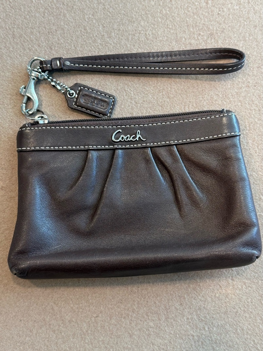Coach Dark Brown Leather Wristlet with Silver Logo